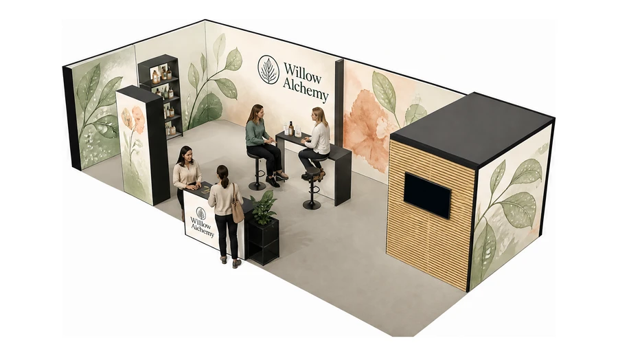 Stoisko 10 × 5 m narożne lewe dla branży kosmetyki naturalne, przykładowa marka Willow Alchemy