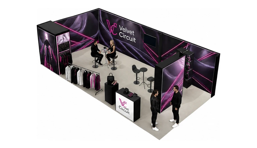 Stoisko 10 × 5 m narożne lewe dla branży odzież i moda, przykładowa marka Velvet Circuit