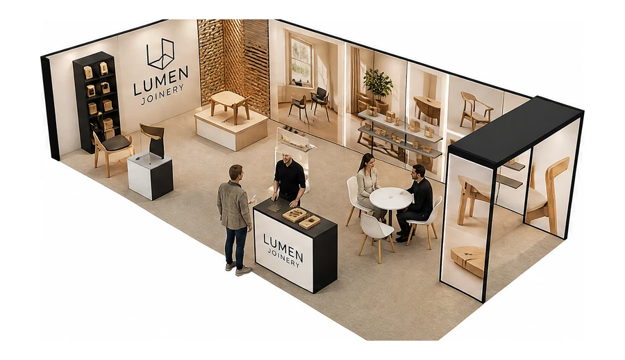 Stoisko 10 × 5 m narożne lewe dla branży meble designerskie, przykładowa marka Lumen Joinery