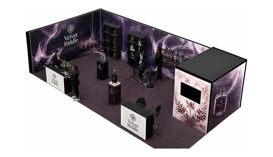 Stoisko 10 × 5 m narożne lewe dla branży perfumy, przykładowa marka Velvet Riddle
