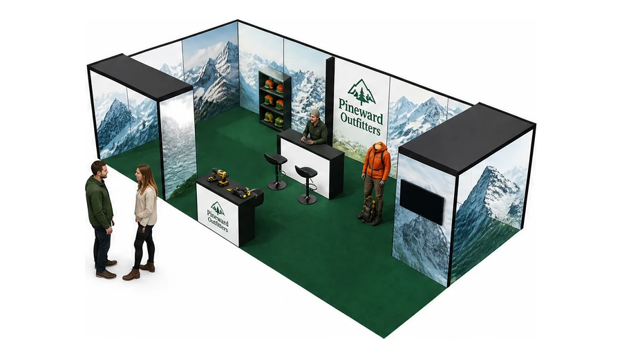 Stoisko 10 × 5 m narożne lewe dla branży odzież i sprzęt outdoorowy, przykładowa marka Pineward Outfitters
