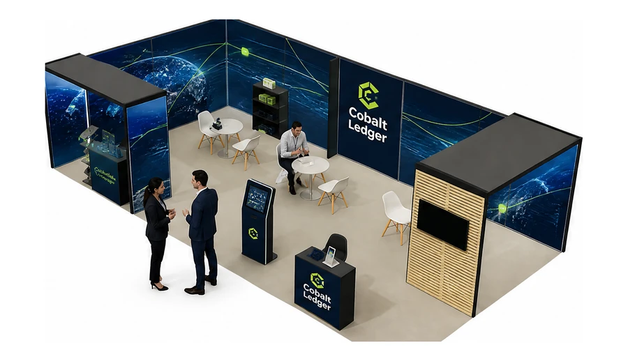 Stoisko 10 × 5 m narożne lewe dla branży płatności online, przykładowa marka Cobalt Ledger