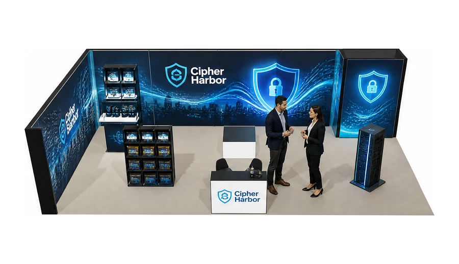 Stoisko 10 × 5 m narożne lewe dla branży cyberbezpieczeństwo, przykładowa marka Cipher Harbor
