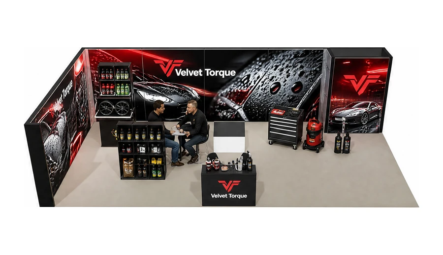 Stoisko 10 × 5 m narożne lewe dla branży tuning i detailing, przykładowa marka Velvet Torque