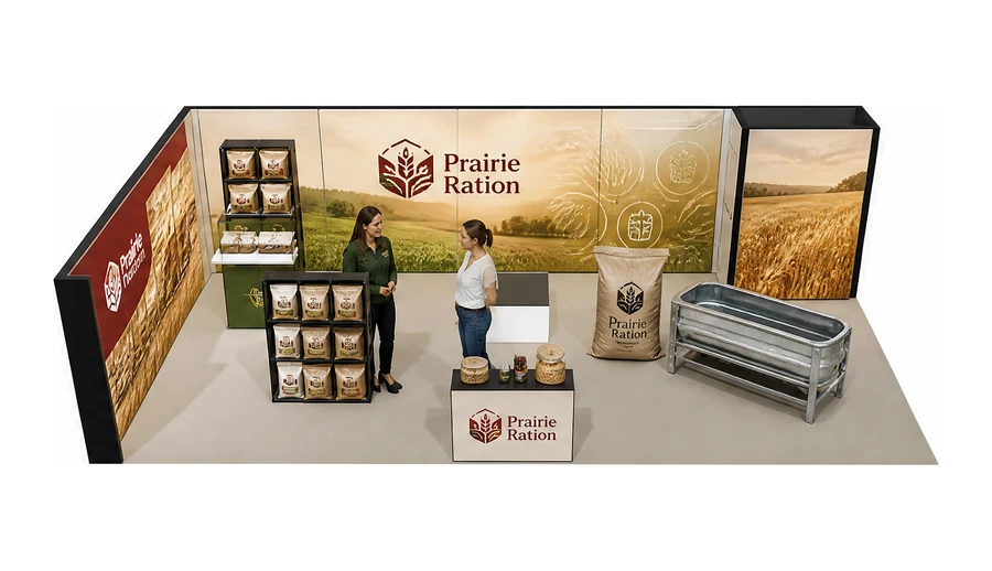 Stoisko 10 × 5 m narożne lewe dla branży hodowla i pasze, przykładowa marka Prairie Ration