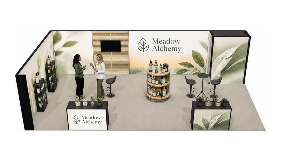 Stoisko 10 × 5 m narożne lewe dla branży kosmetyki naturalne, przykładowa marka Meadow Alchemy