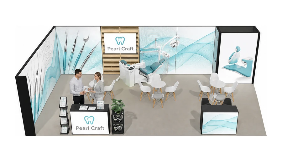 Stoisko 10 × 5 m narożne lewe dla branży stomatologia, przykładowa marka Pearl Craft