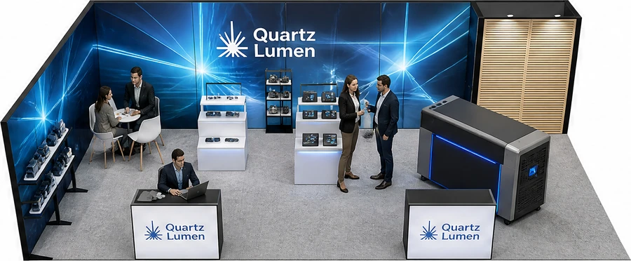 Stoisko 10 × 5 m narożne lewe dla branży technika laserowa i fotonika, przykładowa marka Quartz Lumen