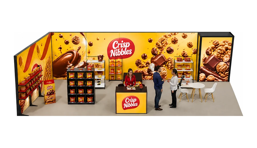 Stoisko 10 × 5 m narożne lewe dla branży słodycze i przekąski, przykładowa marka Crisp Nibbles