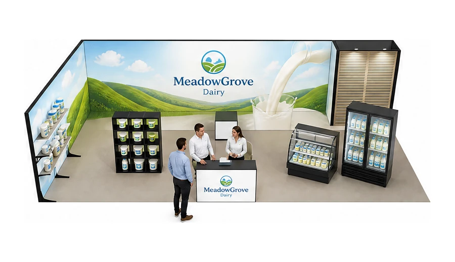 Stoisko 10 × 5 m narożne lewe dla branży nabiał i mleczarstwo, przykładowa marka MeadowGrove Dairy