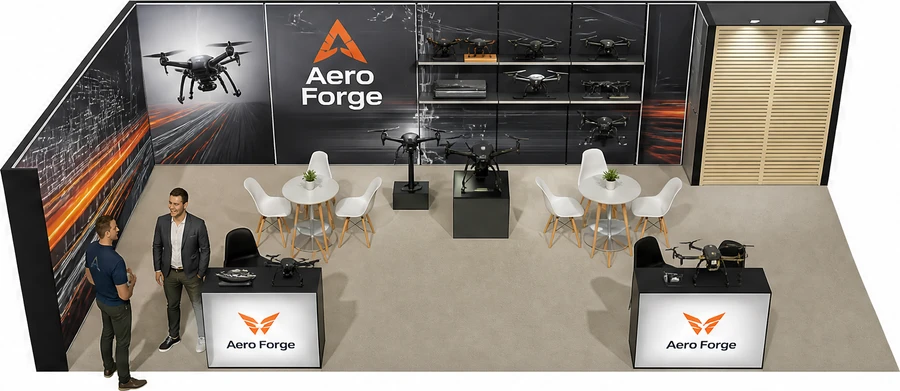 Stoisko 10 × 5 m narożne lewe dla branży drony i robotyka, przykładowa marka Aero Forge