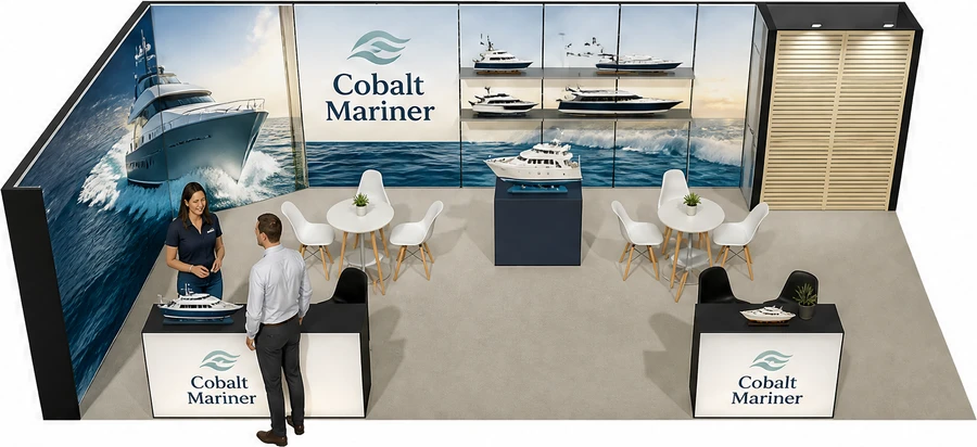 Stoisko 10 × 5 m narożne lewe dla branży jachty i łodzie, przykładowa marka Cobalt Mariner