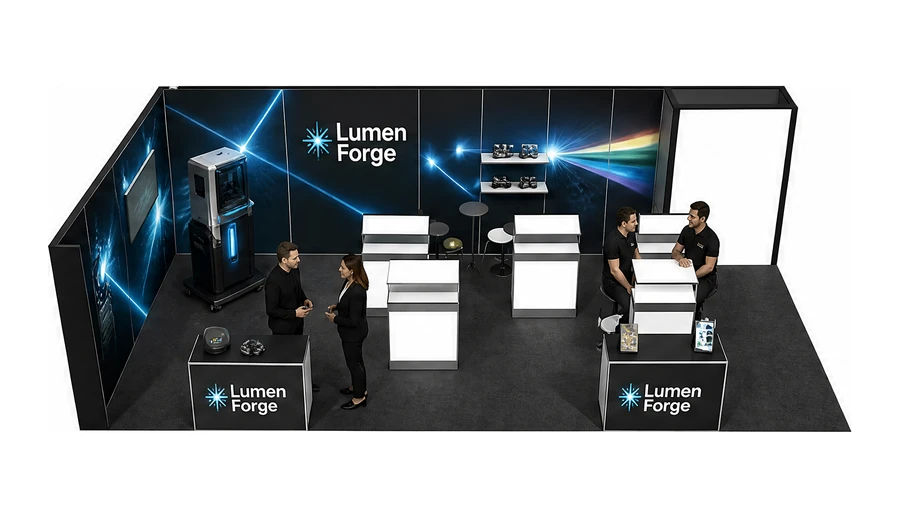 Stoisko 10 × 5 m narożne lewe dla branży technika laserowa i fotonika, przykładowa marka Lumen Forge
