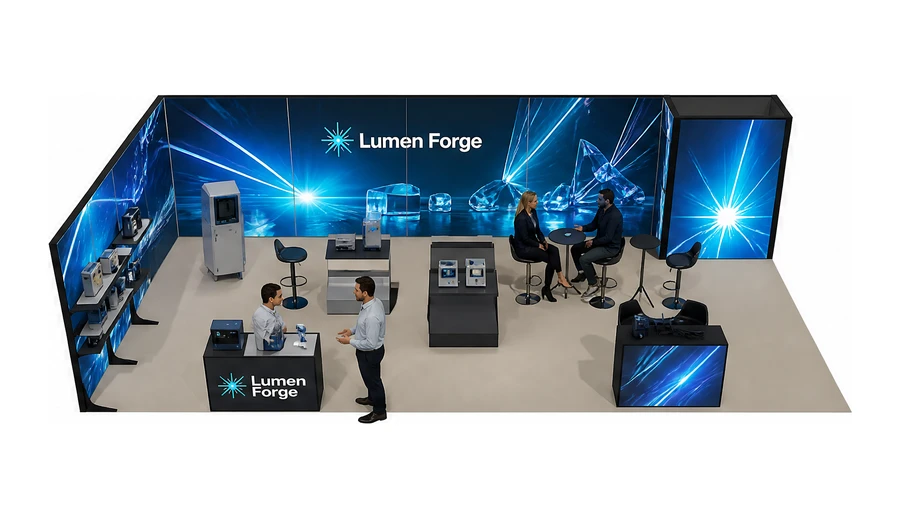 Stoisko 10 × 5 m narożne lewe dla branży technika laserowa i fotonika, przykładowa marka Lumen Forge