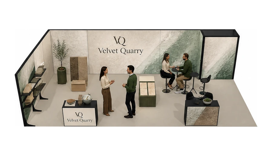 Stoisko 10 × 5 m narożne lewe dla branży wykończenie wnętrz, przykładowa marka Velvet Quarry