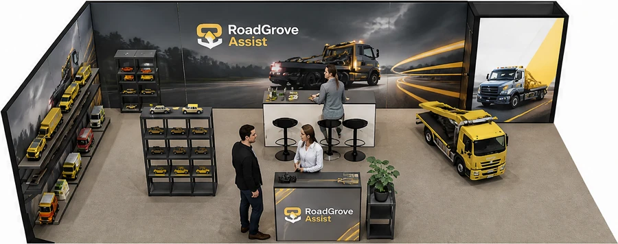 Stoisko 10 × 5 m narożne lewe dla branży pomoc drogowa i lawety, przykładowa marka RoadGrove Assist