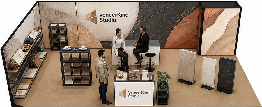 Stoisko 10 × 5 m narożne lewe dla branży wykończenie wnętrz, przykładowa marka VeneerKind Studio