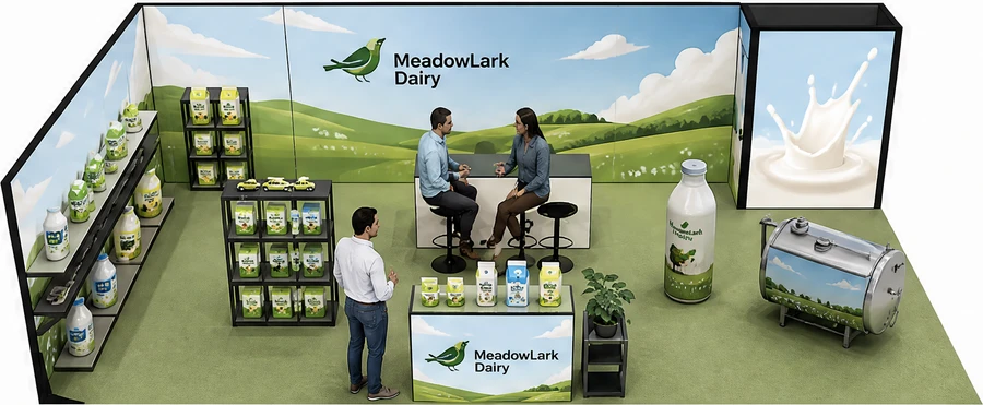 Stoisko 10 × 5 m narożne lewe dla branży nabiał i mleczarstwo, przykładowa marka MeadowLark Dairy