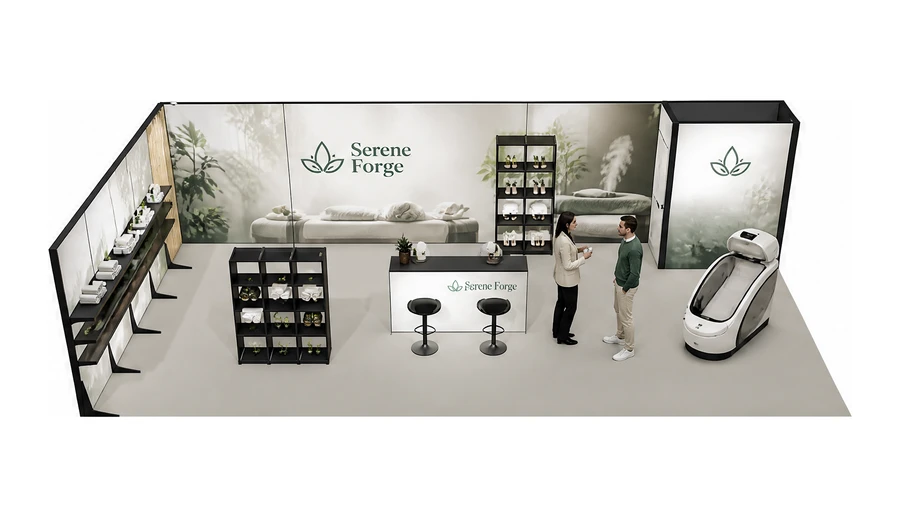 Stoisko 10 × 5 m narożne lewe dla branży spa i wellness, przykładowa marka Serene Forge