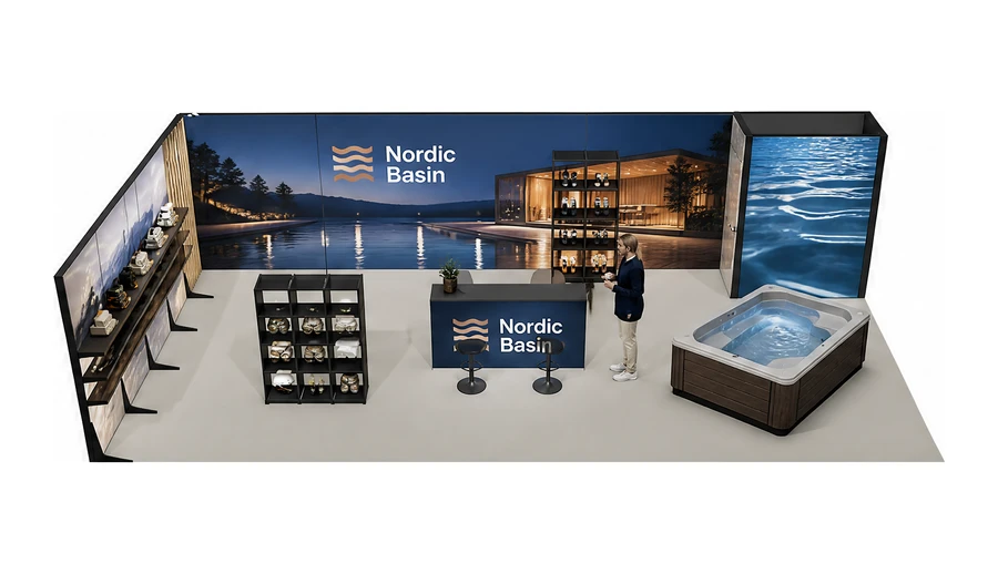 Stoisko 10 × 5 m narożne lewe dla branży baseny i sauny, przykładowa marka Nordic Basin