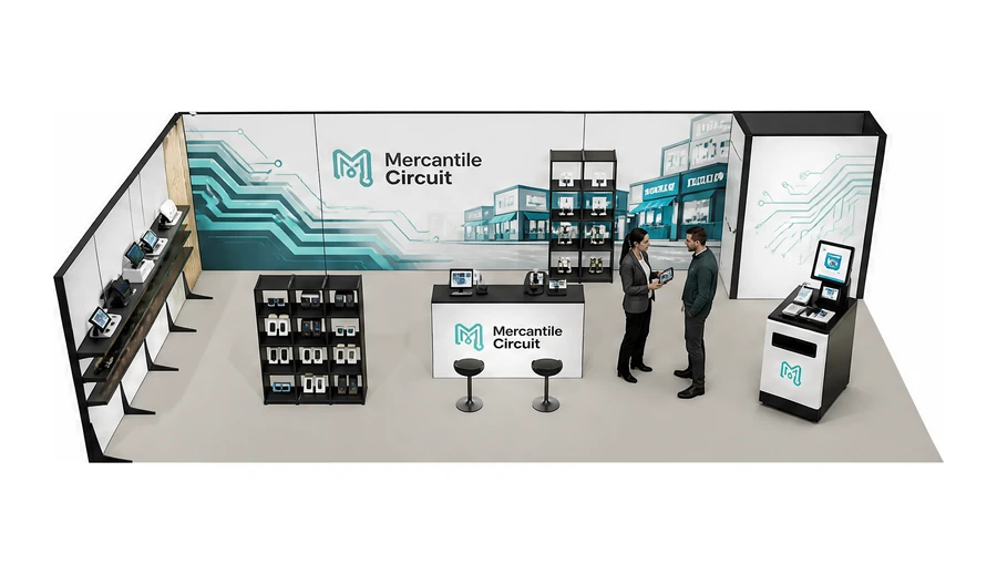 Stoisko 10 × 5 m narożne lewe dla branży technologie dla handlu, przykładowa marka Mercantile Circuit