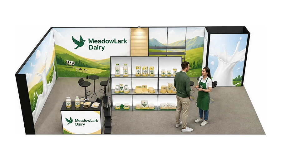 Stoisko 10 × 5 m narożne lewe dla branży nabiał i mleczarstwo, przykładowa marka MeadowLark Dairy