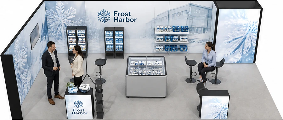 Stoisko 10 × 5 m narożne lewe dla branży łańcuch chłodniczy, przykładowa marka Frost Harbor