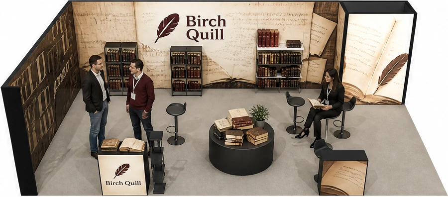 Stoisko 10 × 5 m narożne lewe dla branży wydawnictwa, przykładowa marka Birch Quill