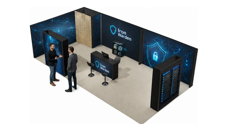 Stoisko 10 × 5 m narożne lewe dla branży cyberbezpieczeństwo, przykładowa marka Iron Warden