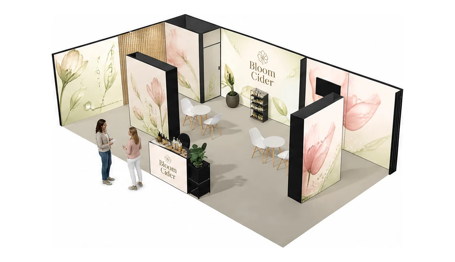 Stoisko 10 × 5 m narożne lewe dla branży kosmetyki naturalne, przykładowa marka Bloom Cider