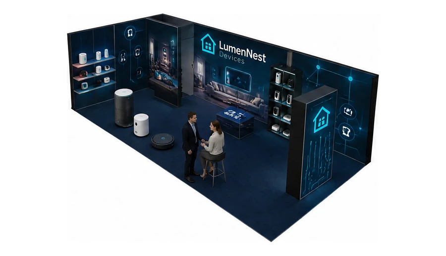 Stoisko 10 × 5 m narożne lewe dla branży smart home i IoT, przykładowa marka LumenNest Devices