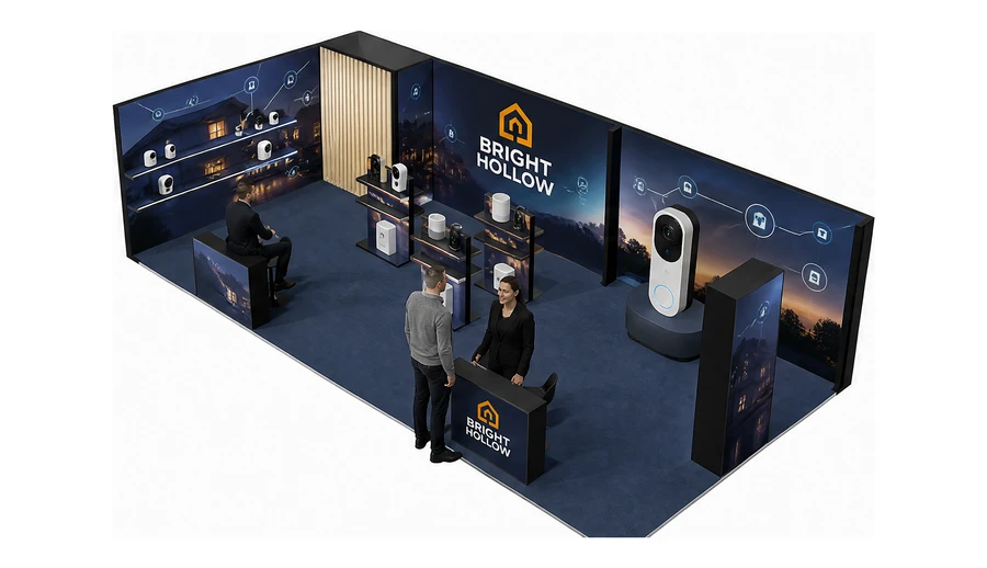 Stoisko 10 × 5 m narożne lewe dla branży smart home i IoT, przykładowa marka Bright Hollow
