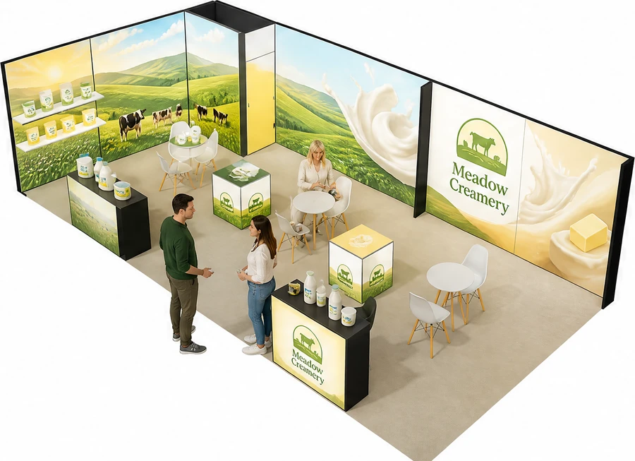 Stoisko 10 × 5 m narożne lewe dla branży nabiał i mleczarstwo, przykładowa marka Meadow Creamery