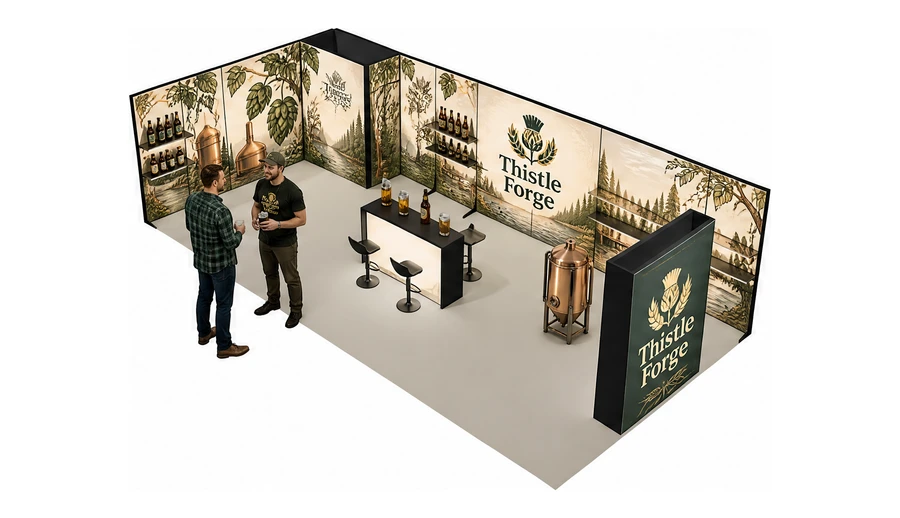 Stoisko 10 × 5 m narożne lewe dla branży browar rzemieślniczy, przykładowa marka Thistle Forge