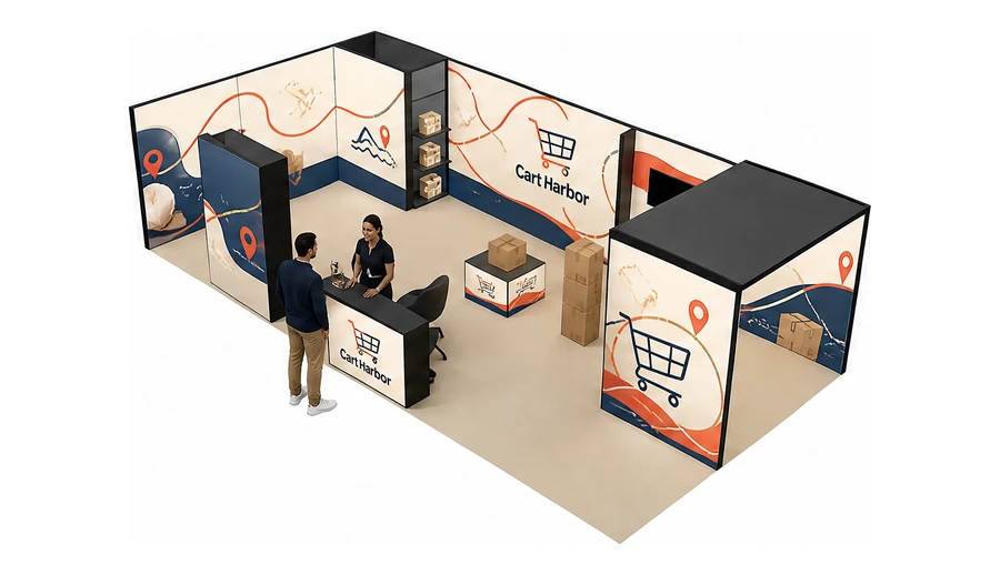 Stoisko 10 × 5 m narożne lewe dla branży e-commerce, przykładowa marka Cart Harbor