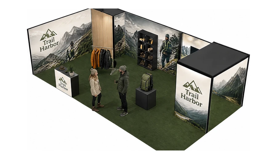 Stoisko 10 × 5 m narożne lewe dla branży odzież i sprzęt outdoorowy, przykładowa marka Trail Harbor