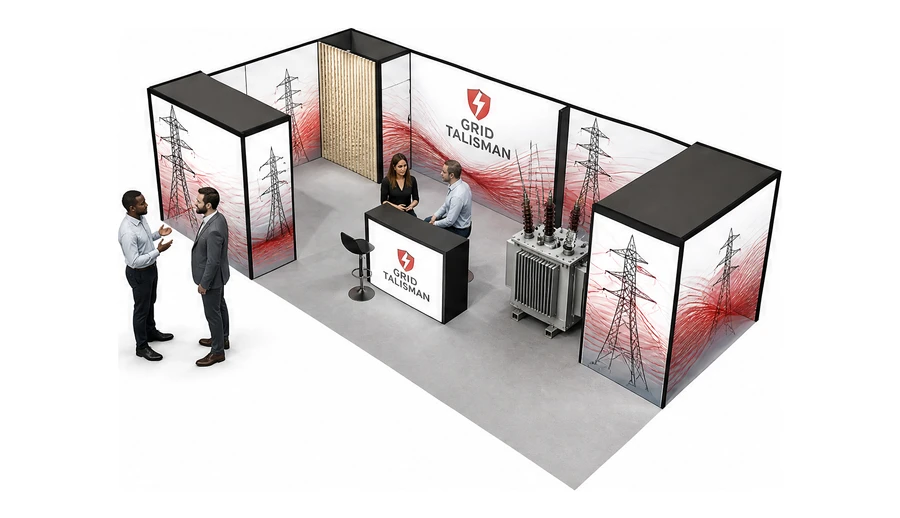 Stoisko 10 × 5 m narożne lewe dla branży energetyka i sieci, przykładowa marka Grid Talisman