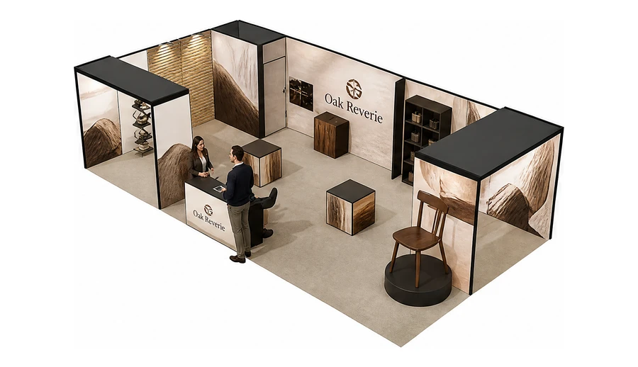Stoisko 10 × 5 m narożne lewe dla branży meble designerskie, przykładowa marka Oak Reverie