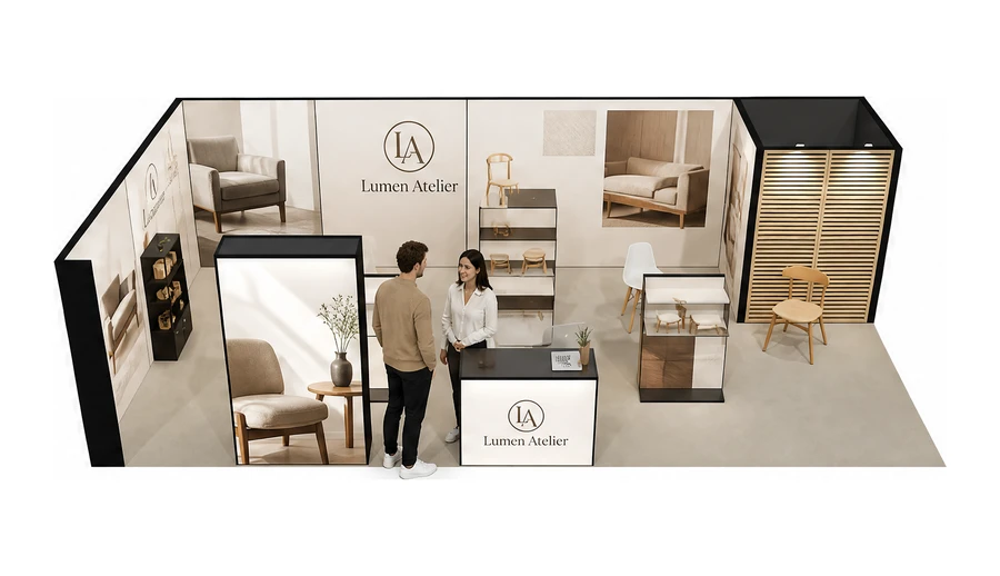 Stoisko 10 × 5 m narożne lewe dla branży meble designerskie, przykładowa marka Lumen Atelier