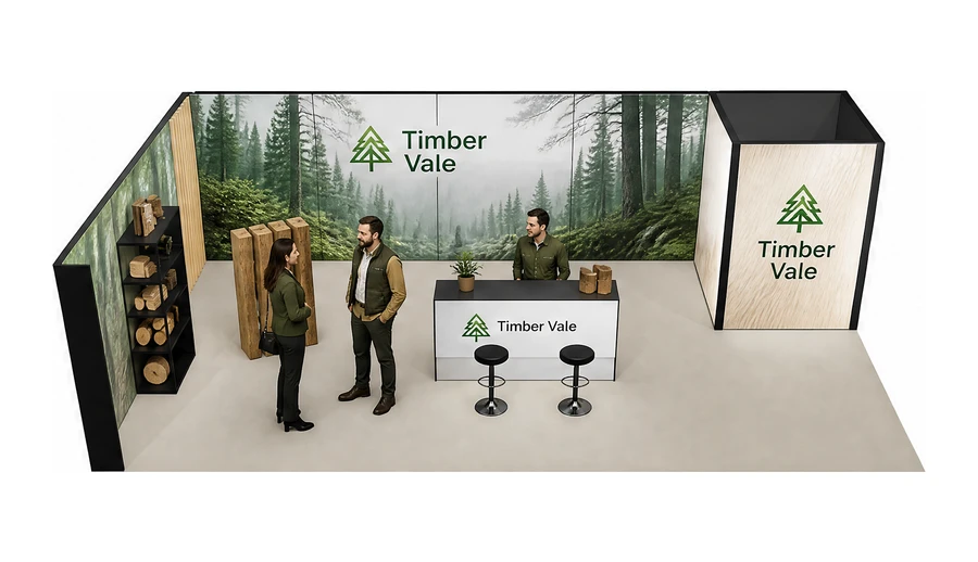 Stoisko 10 × 5 m narożne lewe dla branży leśnictwo i przemysł drzewny, przykładowa marka Timber Vale