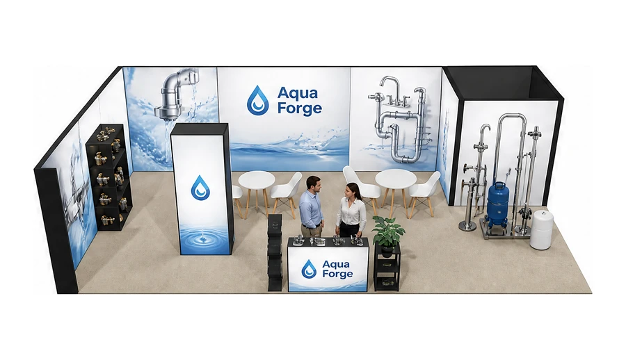 Stoisko 10 × 5 m narożne lewe dla branży instalacje wodno-kanalizacyjne, przykładowa marka Aqua Forge