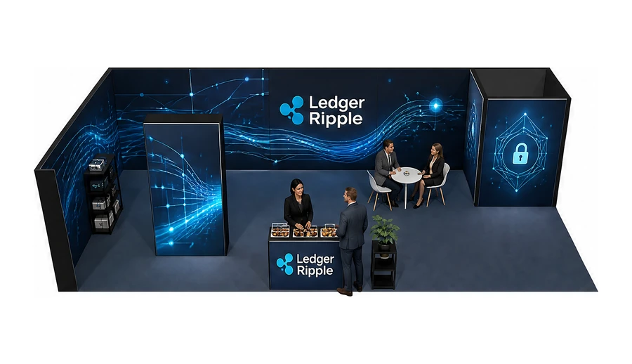 Stoisko 10 × 5 m narożne lewe dla branży płatności online, przykładowa marka Ledger Ripple