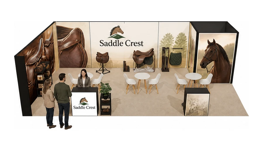 Stoisko 10 × 5 m narożne lewe dla branży jeździectwo, przykładowa marka Saddle Crest
