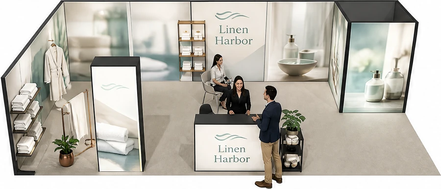 Stoisko 10 × 5 m narożne lewe dla branży wyposażenie hoteli, przykładowa marka Linen Harbor