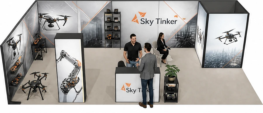 Stoisko 10 × 5 m narożne lewe dla branży drony i robotyka, przykładowa marka Sky Tinker