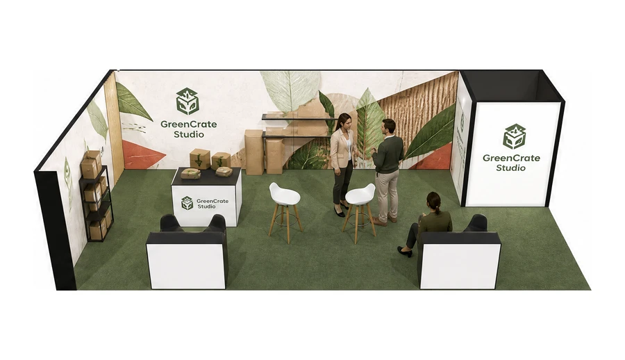 Stoisko 10 × 5 m narożne lewe dla branży opakowania ekologiczne, przykładowa marka GreenCrate Studio