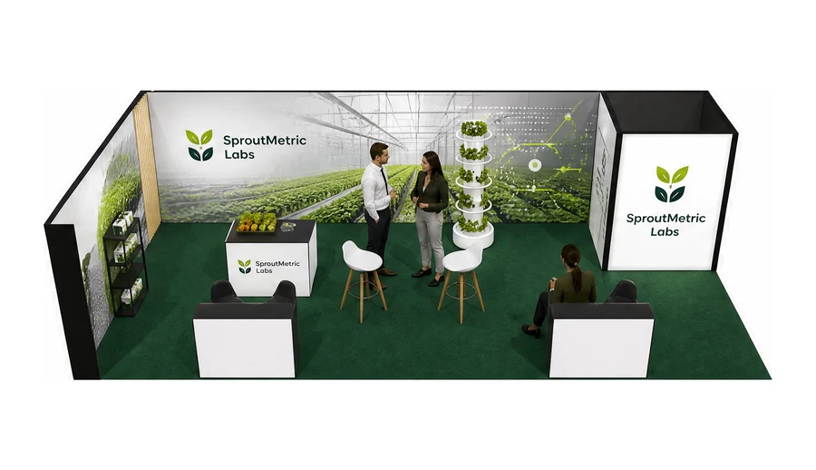 Stoisko 10 × 5 m narożne lewe dla branży sadownictwo i warzywnictwo, przykładowa marka SproutMetric Labs