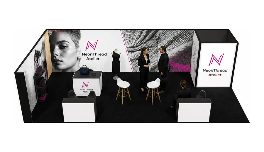Stoisko 10 × 5 m narożne lewe dla branży odzież i moda, przykładowa marka NeonThread Atelier