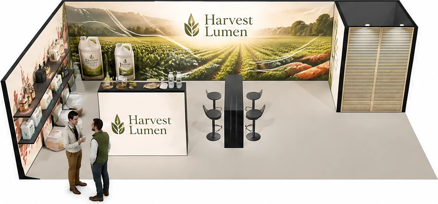 Stoisko 10 × 5 m narożne lewe dla branży nawozy i ochrona roślin, przykładowa marka Harvest Lumen