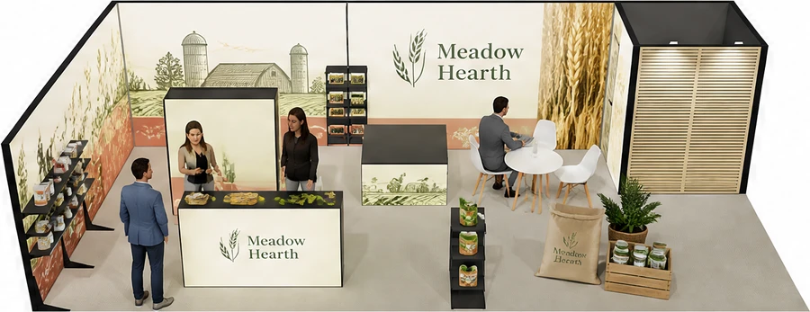Stoisko 10 × 5 m narożne lewe dla branży żywność ekologiczna, przykładowa marka Meadow Hearth